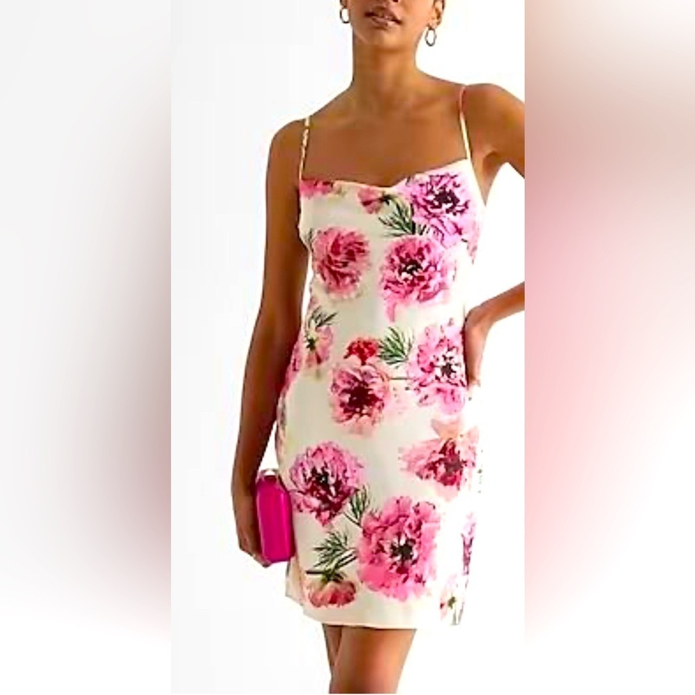 Express 90’s Y2K inspired Satin pink Floral barbie Cowl Neck Mini Slip Dress MED